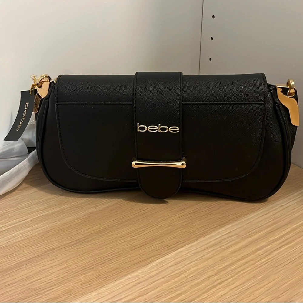 BEBE women’s purse Saint Lamby crossbody bag  black gold tone hardware